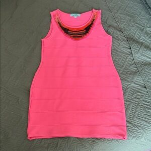 Karlie Hot Pink Beaded Neckline Mini Dress